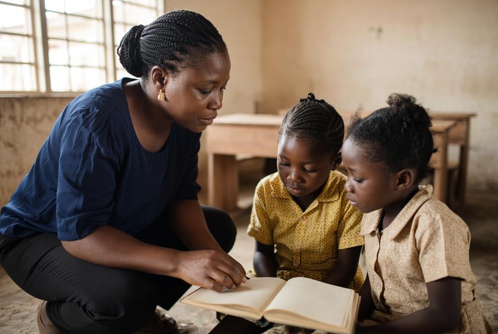 A teacher reading with two pupils