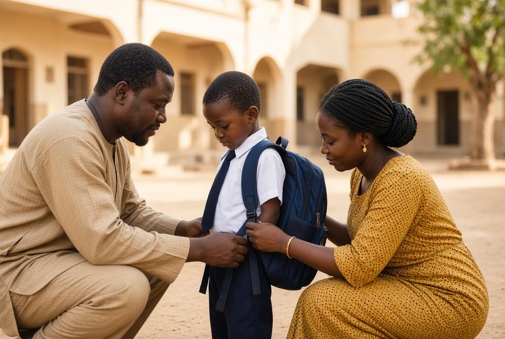 Parents helping a pupil with a school bag in the courtyard